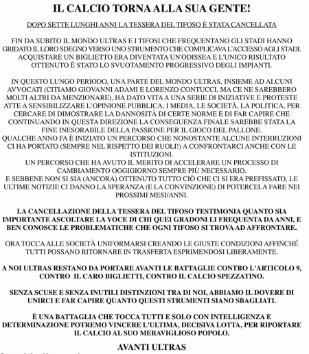 Comunicato FINE TESSERA 8-8-17